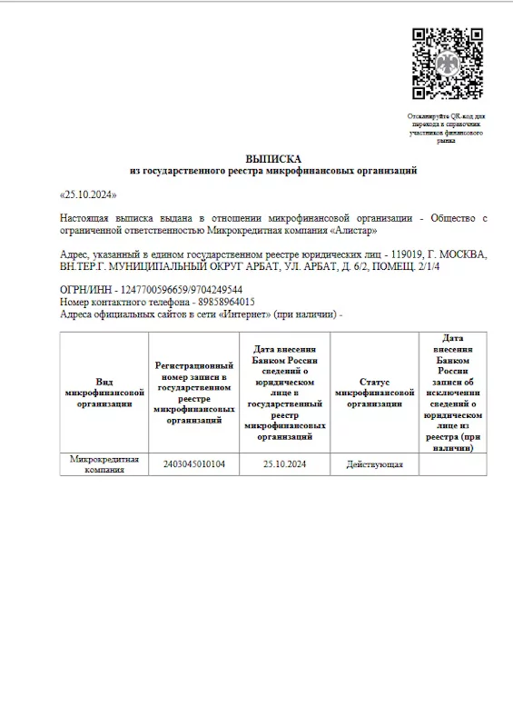 Лицензия ООО МКК «Алистар»