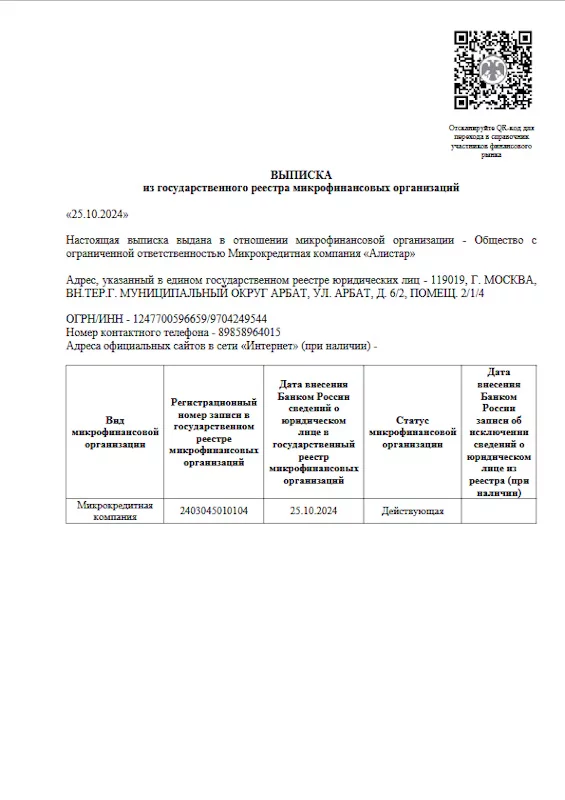 Лицензия ООО МКК «Алистар»