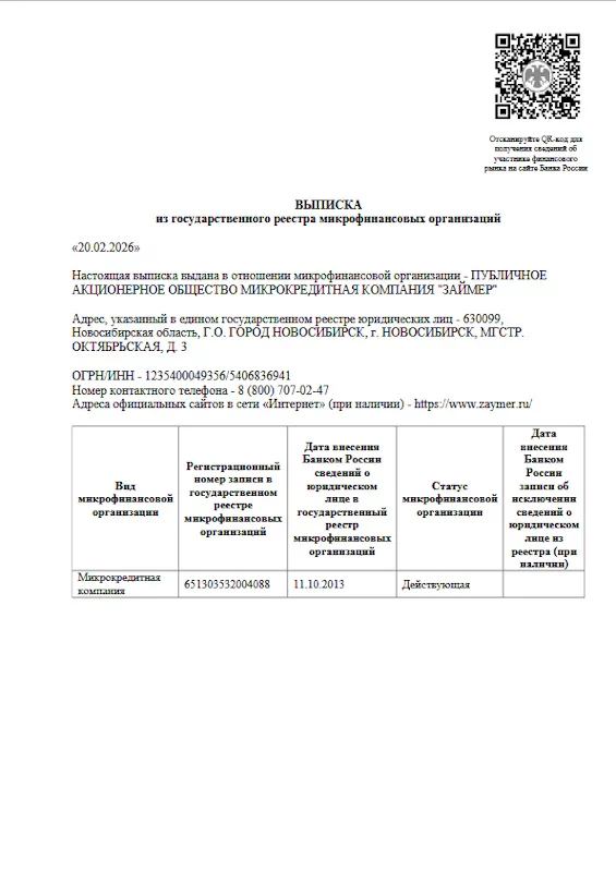 Лицензия ПАО МКК «Займер»
