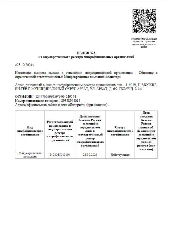 Лицензия ООО МКК «Алистар»