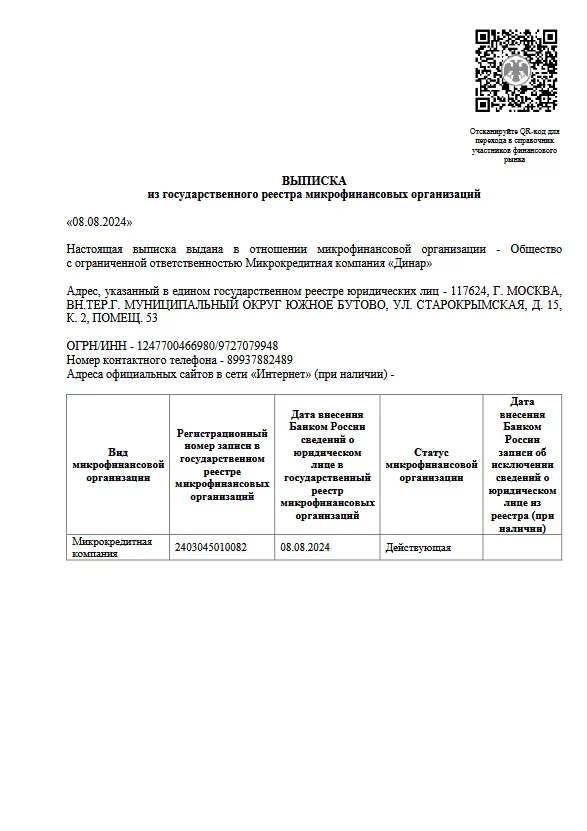 Лицензия ООО МКК «Динар»