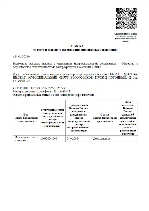 Лицензия ООО МКК «Блай»