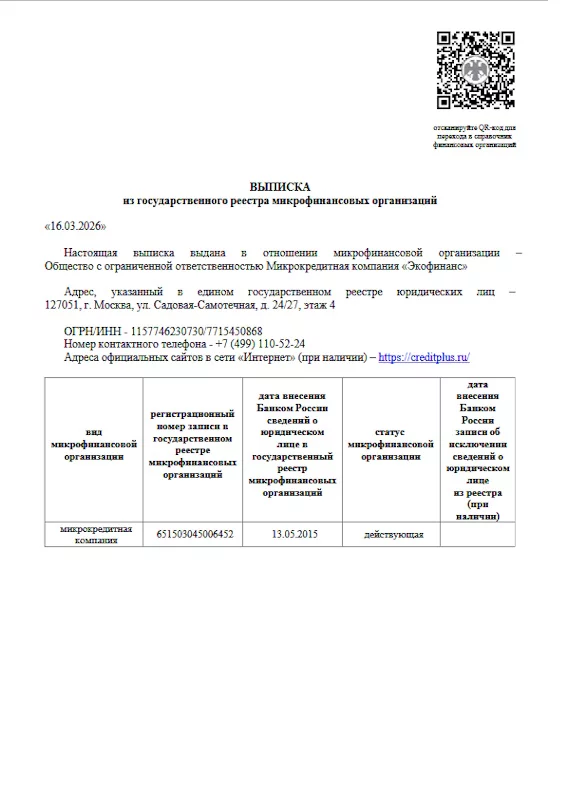 Лицензия ООО МКК «Экофинанс»